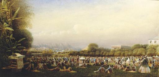 Charles William Andrewes - The Parade Ground, by Murray Barracks, Hong Kong, with horses paraded along Queen\'s Road, the cricket ground and a view across the harbour to Kowloon beyond