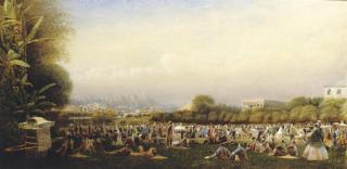 Charles William Andrewes - The Parade Ground, by Murray Barracks, Hong Kong, with horses paraded along Queen\'s Road, the cricket ground and a view across the harbour to Kowloon beyond
