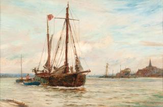 Charles William Wyllie, RBA - Princess Roma making sail off a small harbour