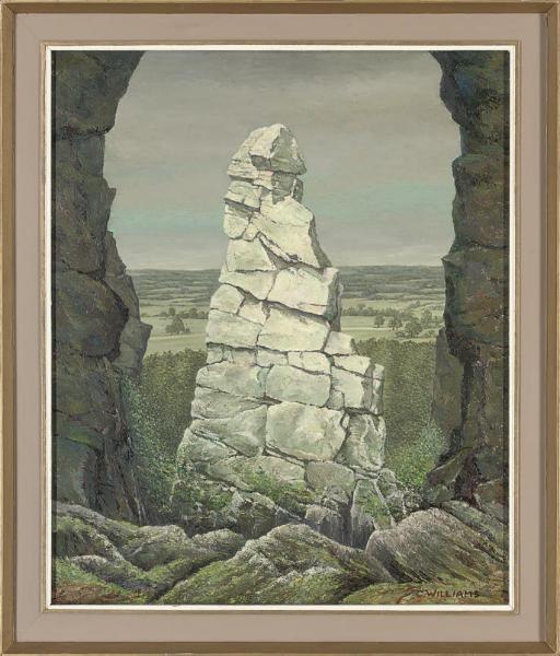 Charles Williams - Ekarenniondi, A Huron Indian Worshipping Stone, Canada; Sundown; Embers; And Jagged Rocks