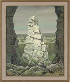 Charles Williams - Ekarenniondi, A Huron Indian Worshipping Stone, Canada; Sundown; Embers; And Jagged Rocks