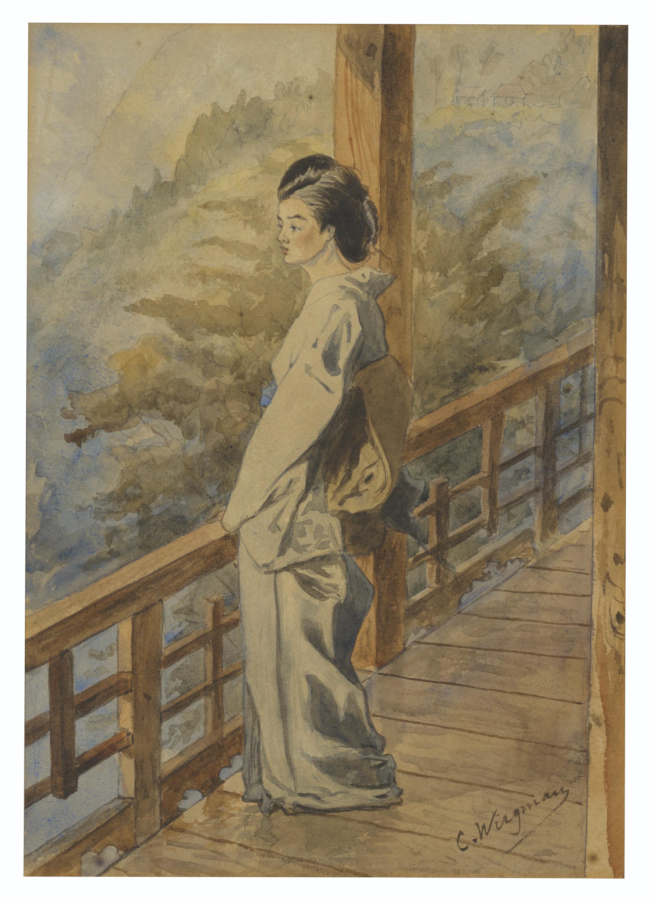 Charles Wirgman - A Japanese Woman On A Balcony; And An Interior With Three Japanese Women