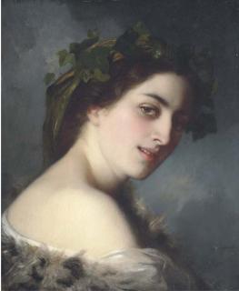 Charles-Zacharie Landelle - Portrait of A Lady, Head And Shoulders; Wearing A Coronet of Ivy And A Fur Wrap