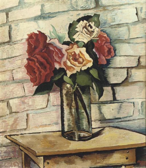 Charley Toorop - A Still Life With Roses In A Glass Vase