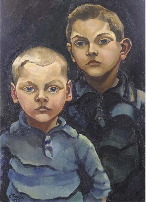 Charley Toorop - Portret jongens Gerbrands (recto); A charcoal sketch of three children (verso)