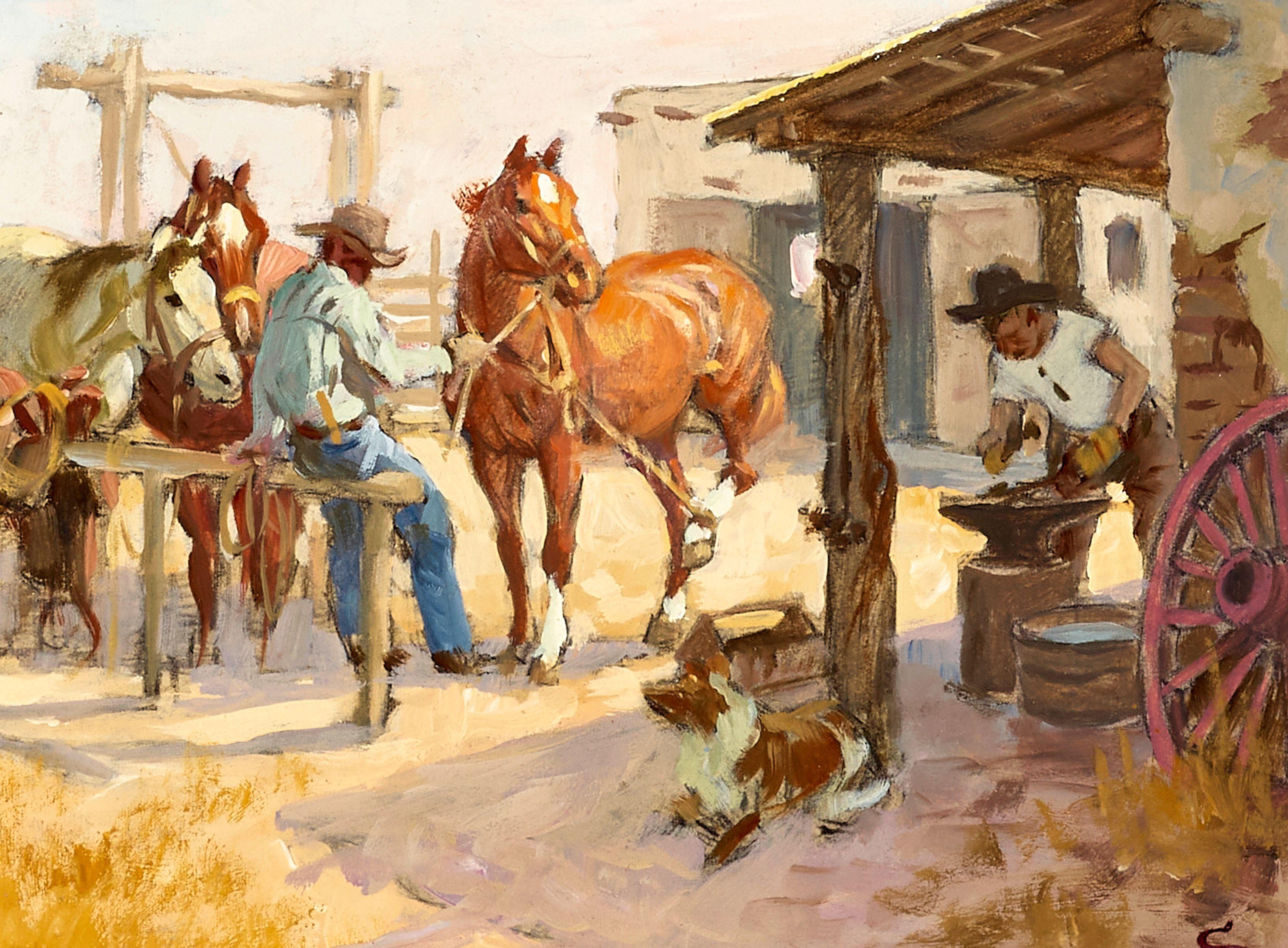 Charlie Dye - Oil Sketch of Shoeing the Line 6 x 8 in. framed 13 x 15 in.