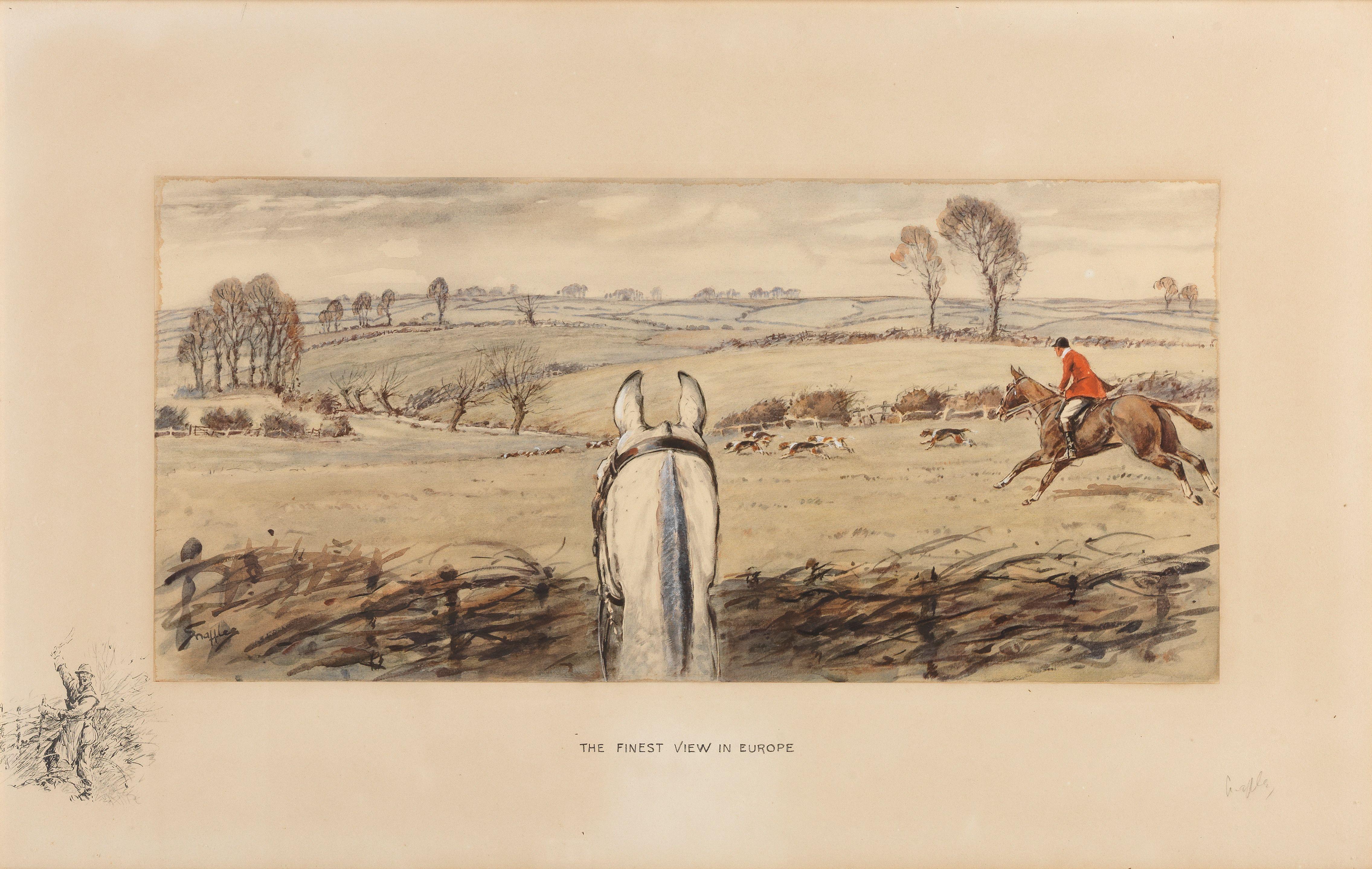 Charlie Johnson Payne - \'The finest view in Europe\'; \'The worst view in Europe\', a pair image: the first 24.5 x 51.1cm (9 5/8 x 20 1/8in); the second 22.8 x 48.9cm (9 x 19 1/4in). (2)