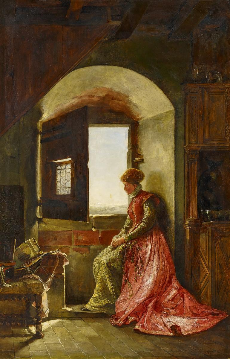 Charlotte Weeks - Die Sinnende. Junge Frau in historisierendem (Renaissance-) Kostüm am Burgfenster