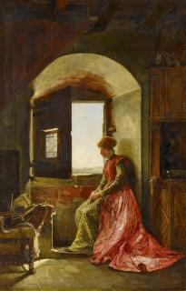 Charlotte Weeks - Die Sinnende. Junge Frau in historisierendem (Renaissance-) Kostüm am Burgfenster