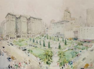 Chen Chi - Union Square (San Francisco) sight 17 x 23 in. framed 28 x 34 in.