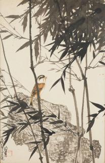 Chen Peiqiu - Bird, Bamboo and Rocks