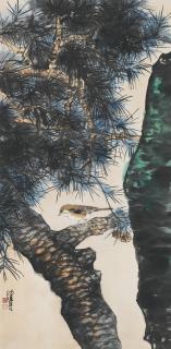 Chen Peiqiu - Bird On Pine Tree, Ink And Color On Paper, Hanging Scroll
