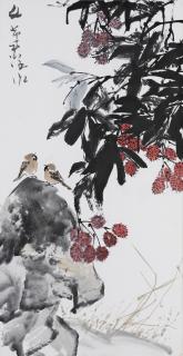 Chen Wen Hsi - Two Sparrows with Rambutan Tree