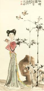 Cheng Shifa - Girl, Bamboo And Two Sparrows