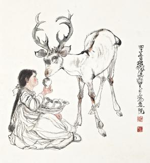 Cheng Shifa - Sheperdess Feeding The Deer