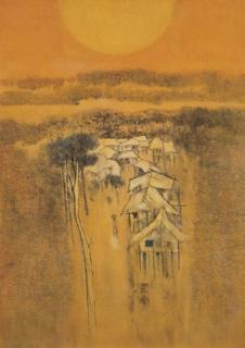 Cheong Soo Pieng - A view of a small village at dusk