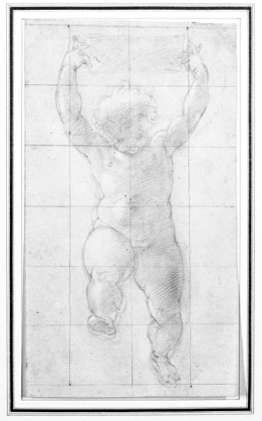 Cherubino Alberti - A putto in flight raising a tabula above his head