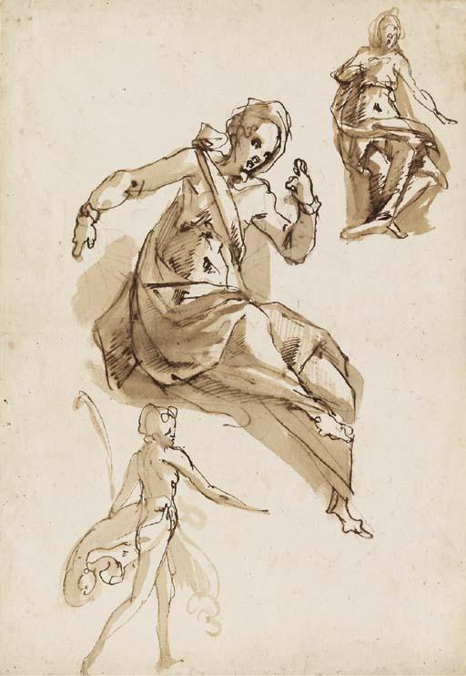 Cherubino Alberti - Deux figures assises et une marchant (recto); Esquisses de deux hommes combattant et de deux autres figures (verso)