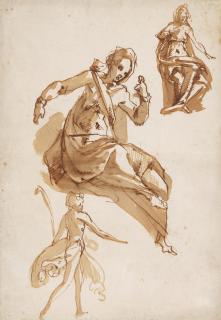 Cherubino Alberti - Recto: Studies of two female figures, a walking figure below Verso: Two soldiers brandishing swords and daggers, a sketch of a third
