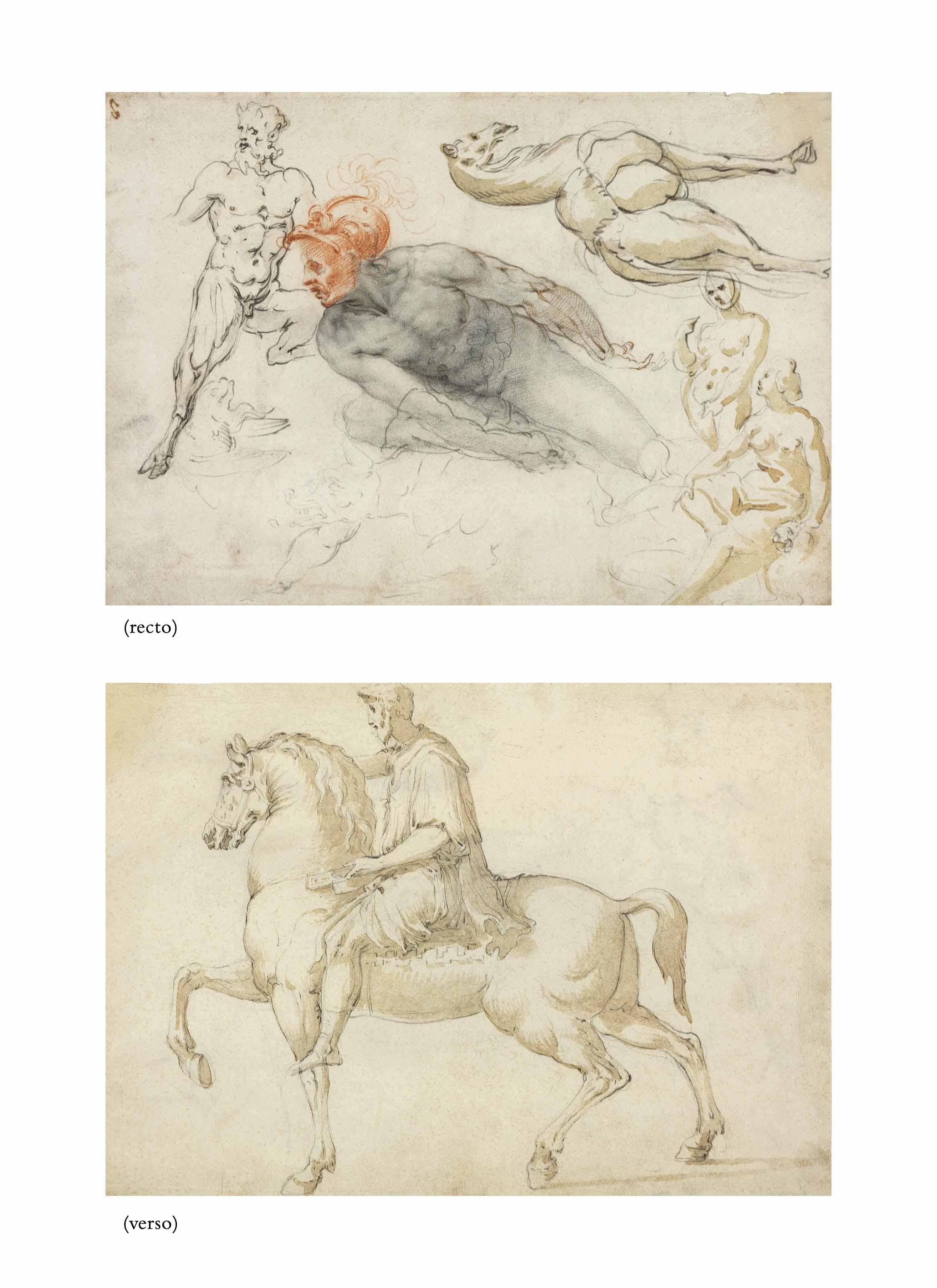 Cherubino Alberti - Studies Of Male And Female Nudes, A Satyr, A Camel And Other Beasts (Recto), The Marcus Aurelius Equestrian Statue (Verso)