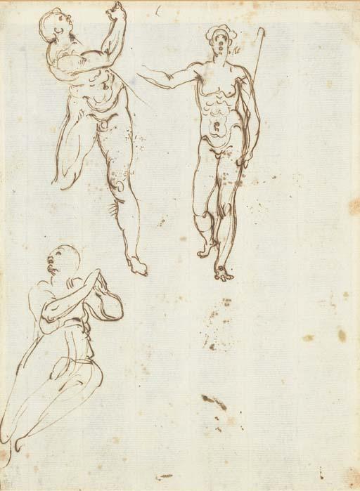 Cherubino Alberti - Studies of Saint John the Baptist carrying a crook, a figure holding a block and a kneeling female looking up (recto); A putto in flight (verso)