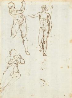 Cherubino Alberti - Studies of Saint John the Baptist carrying a crook, a figure holding a block and a kneeling female looking up (recto); A putto in flight (verso)