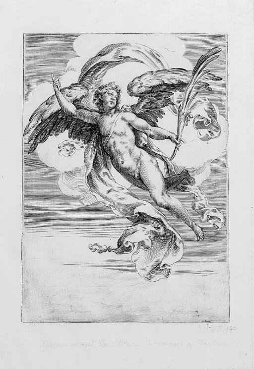 Cherubino Alberti - Winged Genius Gesturing And Holding A Palm Branch; And Winged Genius Seated On A Cloud, Sounding A Trumpet (Bartsch 140-1)