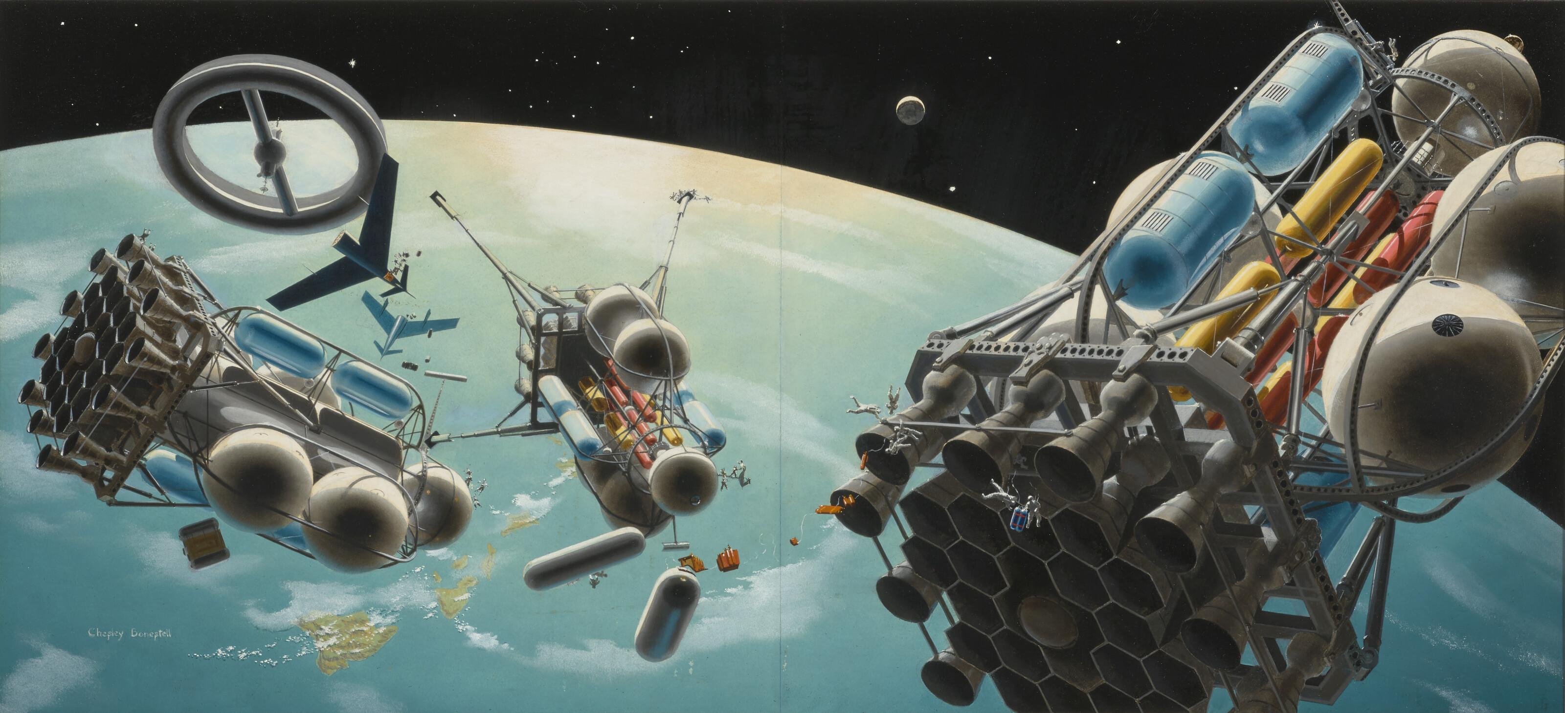 Chesley Bonestell - Assembly Of The Moonships 1,075 Miles Above The Hawaiian Islands