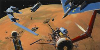 Chesley Bonestell - In Orbit 600 Miles Above Mars! Preparing To Land