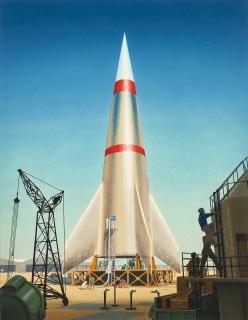 Chesley Bonestell - Three-Stage Launch Vehicle Designed To Send The Baby Space Station Into Orbit