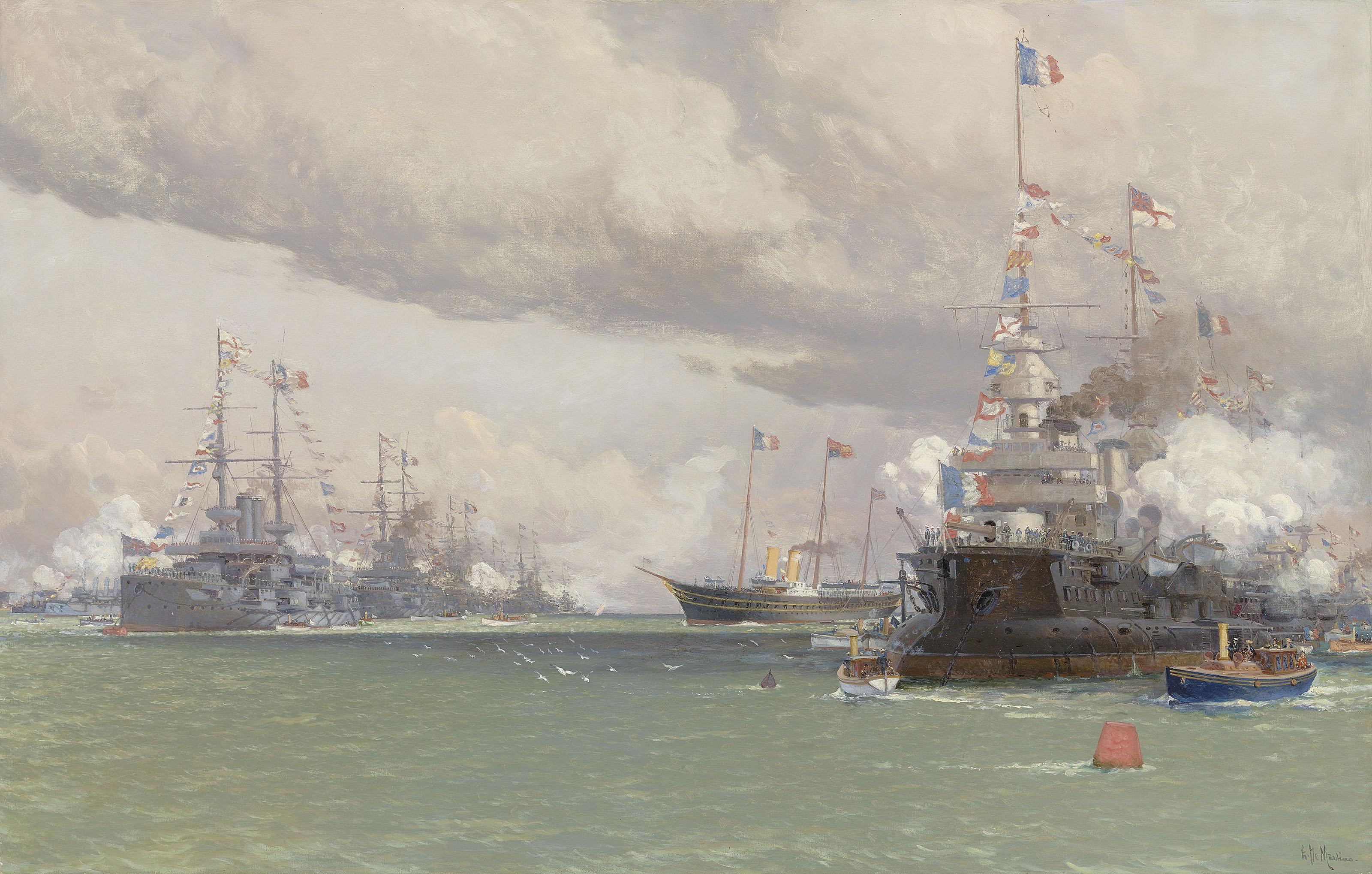 Chevalier Eduardo Frederico De Martino - L\'Entente Cordiale: The Royal Yacht Victoria & Albert III reviewing the Anglo-French fleet in Cowes Road, 1905