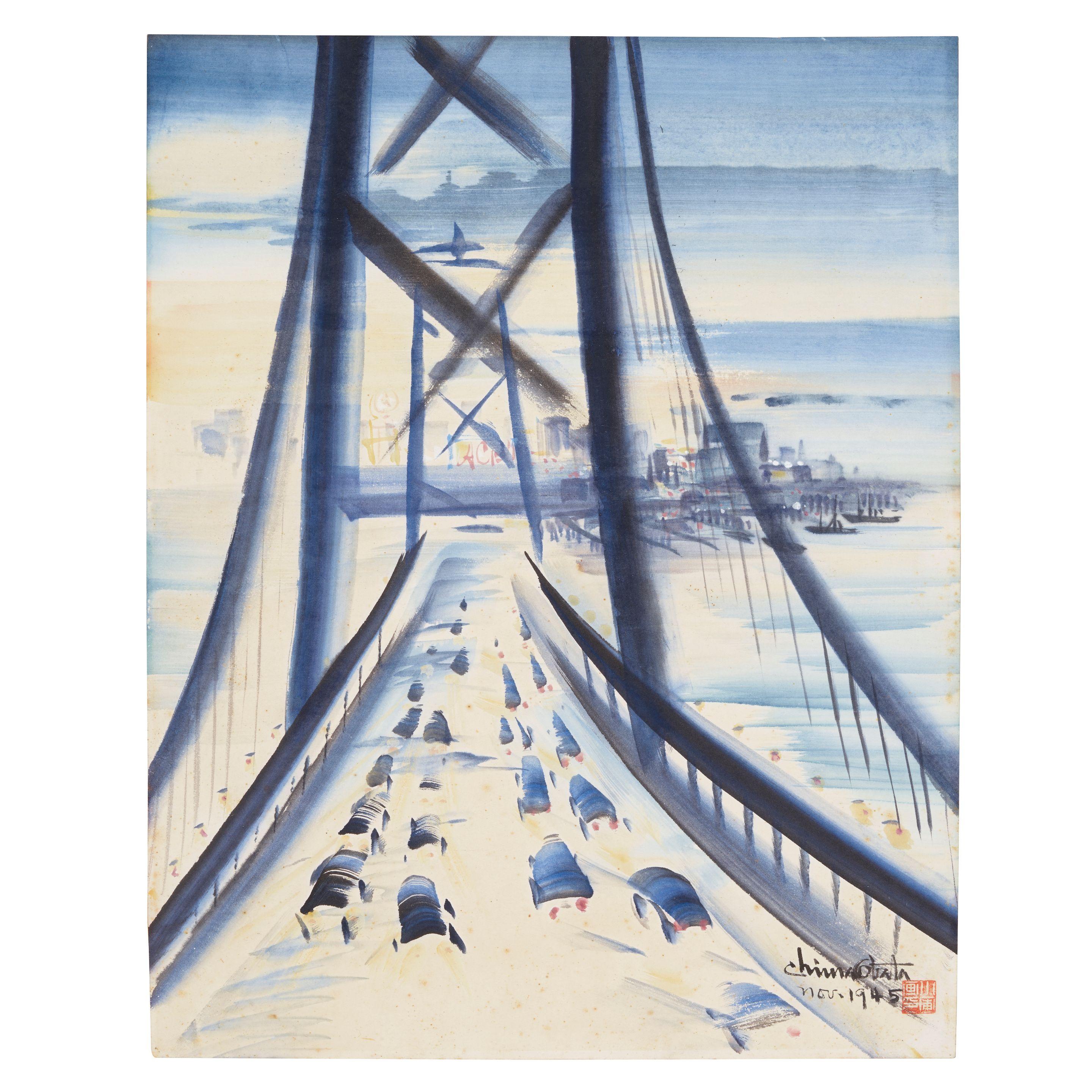 Chiura Obata - Evening Glow - Bay Bridge sheet 20 3/4 x 15 5/8 in. framed 28 1/2 x 22 1/2 in.