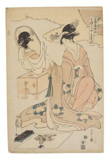 Chobunsai Eishi - Kiyomori Sokujo No Ga Jizo O Utsushi Haha Ni Kore O Okuru Zu (The Daughter Of Taira No Kiyomori Using A Mirror To Draw Her Self-Portrait To Send To Her Mother)