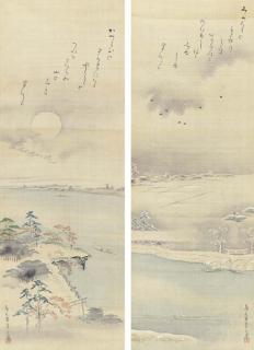 Chobunsai Eishi - Matsuchiyama In Autumn; Mimeguri Shrine In Winter