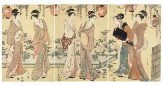 Chobunsai Eishi - Women Admiring Peony Blossoms Under A Wisteria Trellis