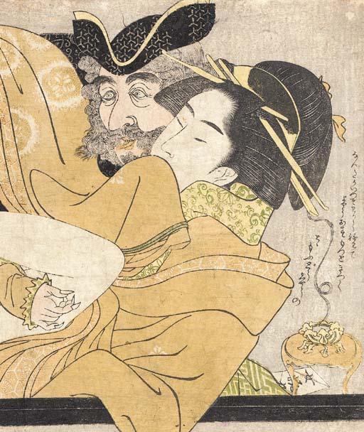 Chokosai Eisho - Twelve prints from the erotic set entitled Fumi no kiyogaki (Freshly issued love letters), unsigned--good impressions, color faded, centerfolds, creased, some stained