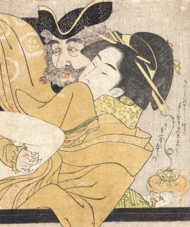 Chokosai Eisho - Twelve prints from the erotic set entitled Fumi no kiyogaki (Freshly issued love letters), unsigned--good impressions, color faded, centerfolds, creased, some stained