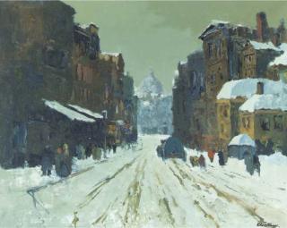Chris Soer - A view of the Wetstraat, Brussels, in winter, the L\'Eglise St. Marie in the distance