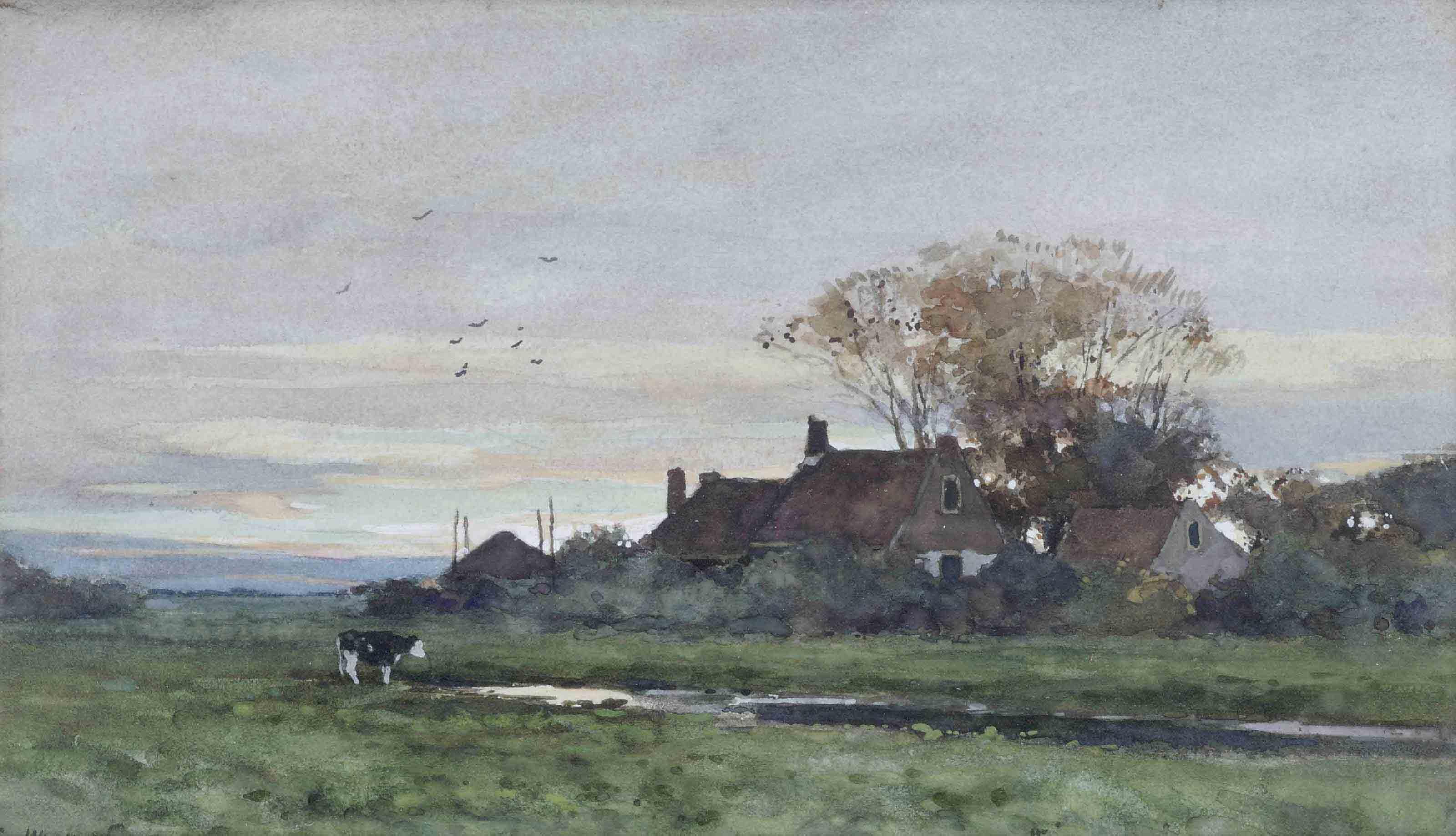 Chris van der Windt - A cow near a farm at sunset
