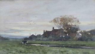 Chris van der Windt - A cow near a farm at sunset