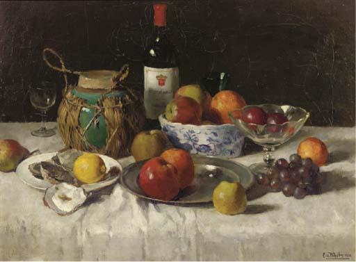 Chris Van Der Windt - A wine bottle, oysters and fruit on a draped table