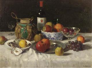 Chris Van Der Windt - A wine bottle, oysters and fruit on a draped table