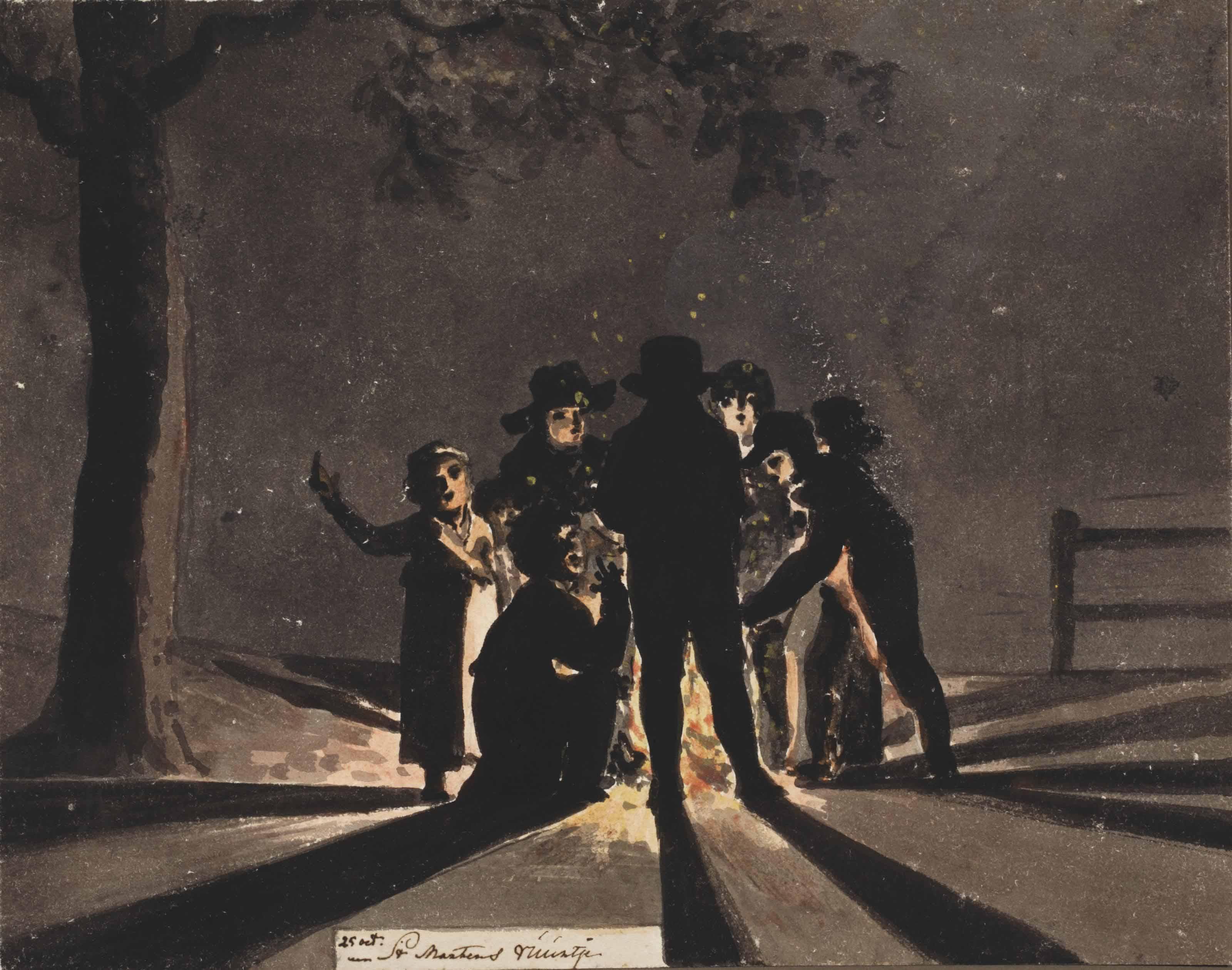 Christiaan Andriessen - A Page From The Artist\'S Illustrated Diary: Children Clustered Around A Saint Martin\'S Bonfire