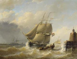 Christiaan Cornelis Kannemans - A tallship on choppy water by a lighthouse
