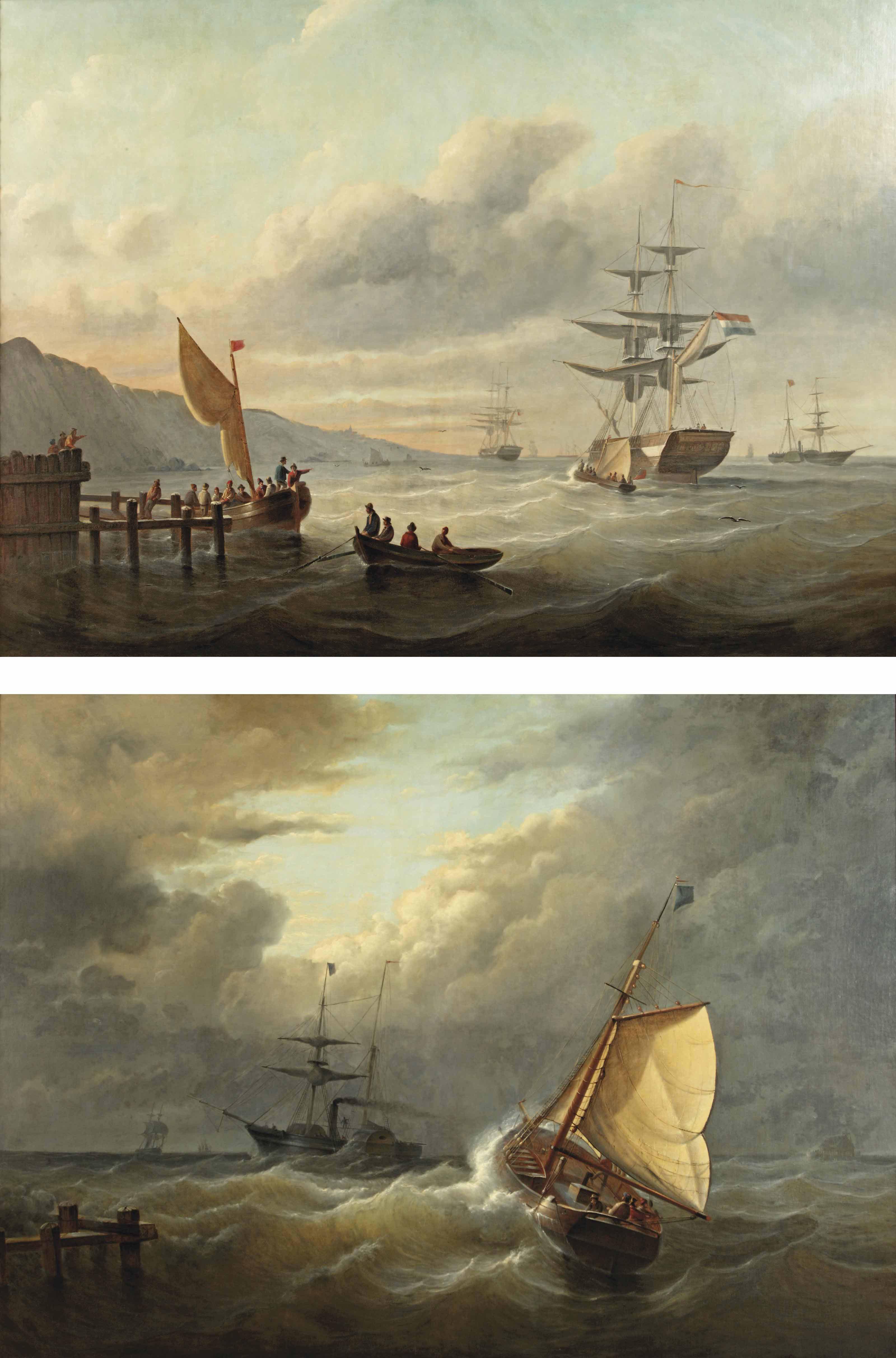 Christiaan Cornelis Kannemans - Dutch vessels in a sunlit bay; and Ships caught in rough waters