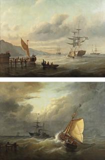Christiaan Cornelis Kannemans - Dutch vessels in a sunlit bay; and Ships caught in rough waters