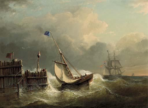 Christiaan Cornelis Kannemans - Sailing vessels near the harbour entrance at dusk