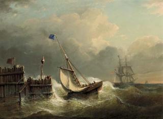Christiaan Cornelis Kannemans - Sailing vessels near the harbour entrance at dusk