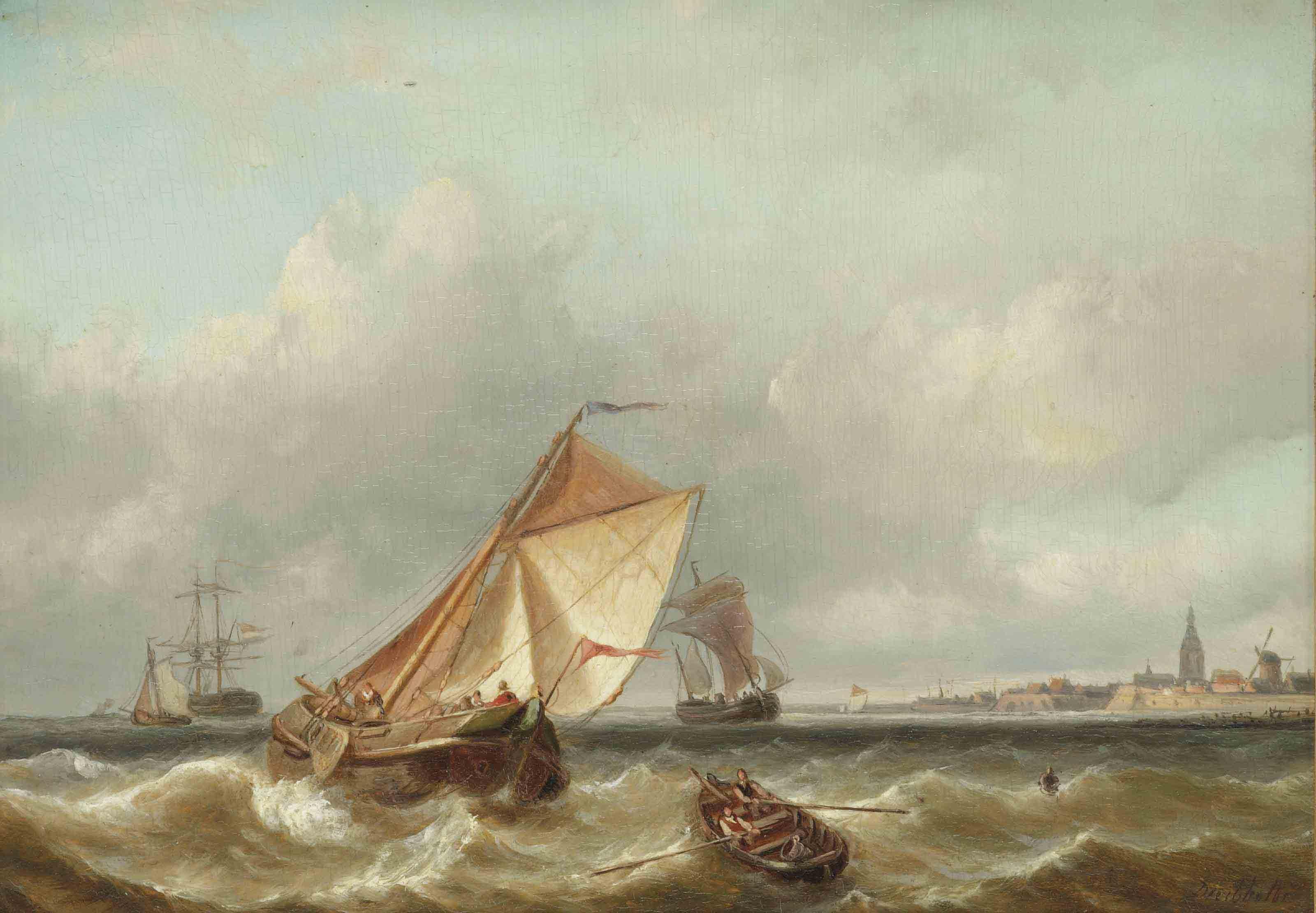 Christiaan Lodewijk Willem Dreibholtz - A seascape with a town in the distance