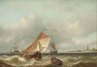 Christiaan Lodewijk Willem Dreibholtz - A seascape with a town in the distance